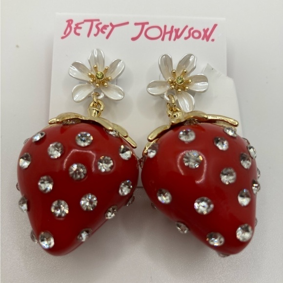 BETSEY JOHNSON 3D Enamel & Crystal Studded Strawberry Earrings & Flowers NWT - Picture 1 of 5